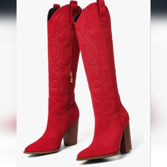 Red Suede Knee-High Boots - Picture 2 of 16